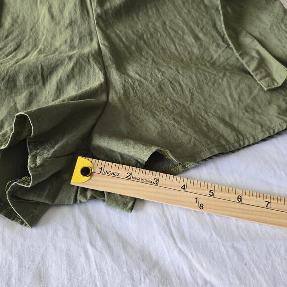 Embroidered Floral Army Green Cargo Romper Short Roll Sleeves Tie Waist Button - Picture 8 of 10